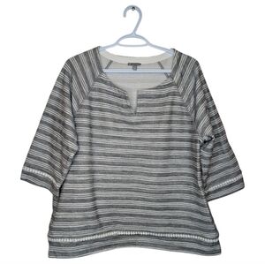 T By Talbot's Striped Cotton Blend Towel 3/4 Sleeve Striped Grey White Top XLP